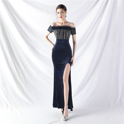 Craft Order Ostrich Fur Velvet off Neck Evening Dress