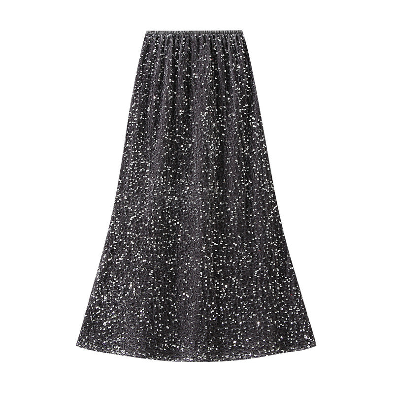 Jupe queue de poisson en velours français pour femmes, automne hiver, épaissie, haute qualité, mi-longue, robe à paillettes brillante