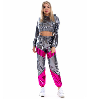 Patent Leather Costume Women Shiny Metal Sportswear Long Sleeve Hooded Top Overalls Suit