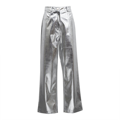 Women's Fashion Casual High Waist Reflective PU Leather Pants