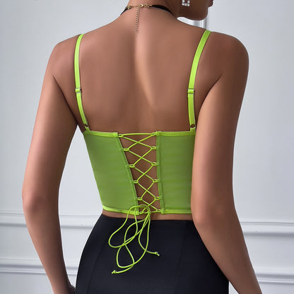 Sexy Fluorescent Satin Lace Deep V Plunge Bandage Party Camisole