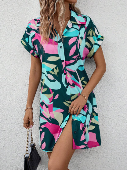 Women Clothing Summer Colorful Floral Printing Cardigan Short Sleeve Shirt Dress