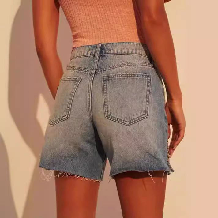 Short en Denim rétro taille haute pour femmes, pantalon décoratif amincissant pour filles