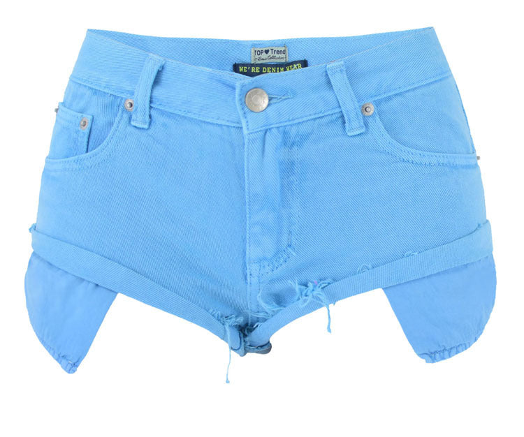 Women Clothing Low Waist Denim Shorts Decadent Loose Non-Elastic Curling Exposure Pocket Beach Pants Macaron Pink