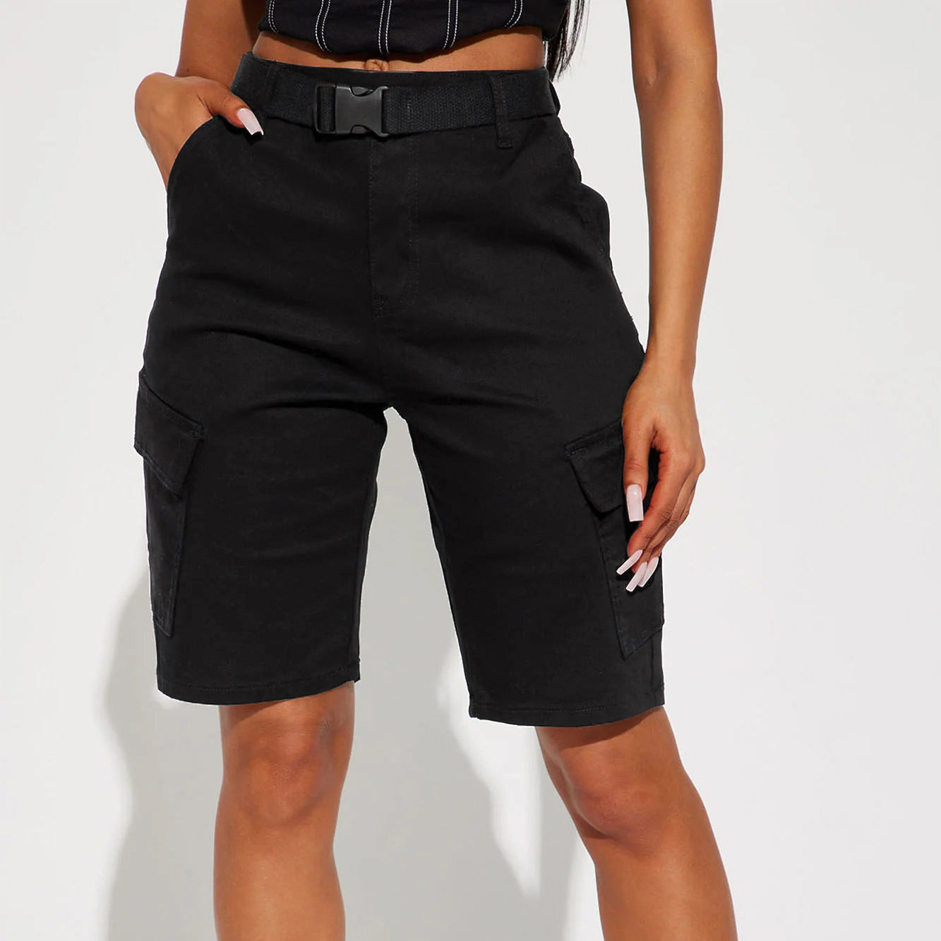 Vêtements de travail Shorts mi-pantalon printemps été cinquième pantalon haute rue ceinture couleur unie femmes pantalon