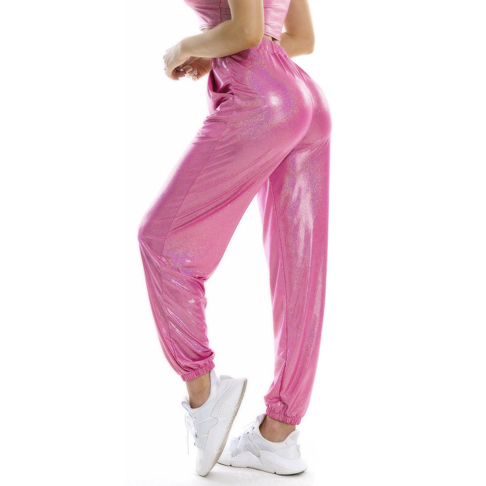 Pantalon décontracté brillant et respirant à taille élastique pour femme, style Hip Hop