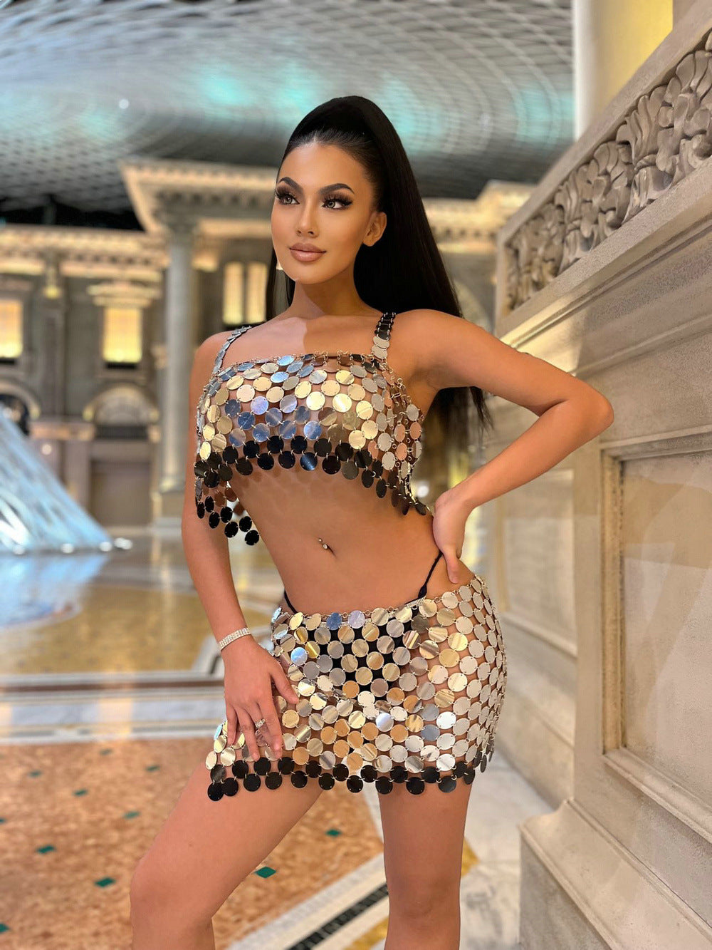 Sexy Nightclub Color Matching Sequin Outerwear Vest Set