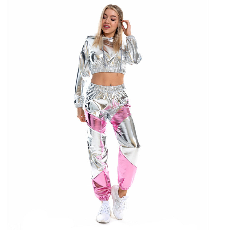 Patent Leather Costume Women Shiny Metal Sportswear Long Sleeve Hooded Top Overalls Suit