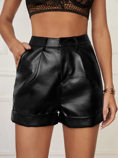 Faux Leather Shorts Women Outer Wear Summer High Roll Hem Pleated Ladies Casual Hip-Wrapped Pants