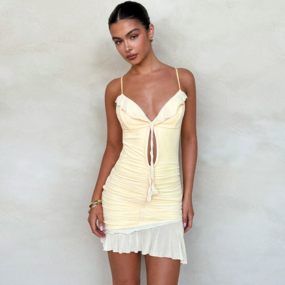 Summer V Neck Mesh Stitching Lace Sexy Sling Sheath Dress