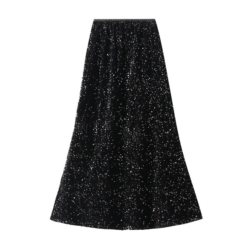 Jupe queue de poisson en velours français pour femmes, automne hiver, épaissie, haute qualité, mi-longue, robe à paillettes brillante