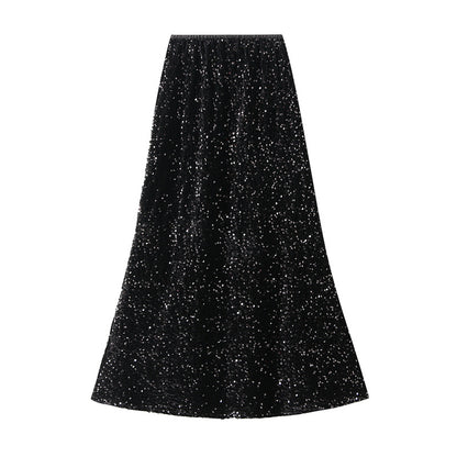 French Velvet Fishtail Skirt Women Autumn Winter Thickening High Grade Mid Length Sequin Dress Shiny