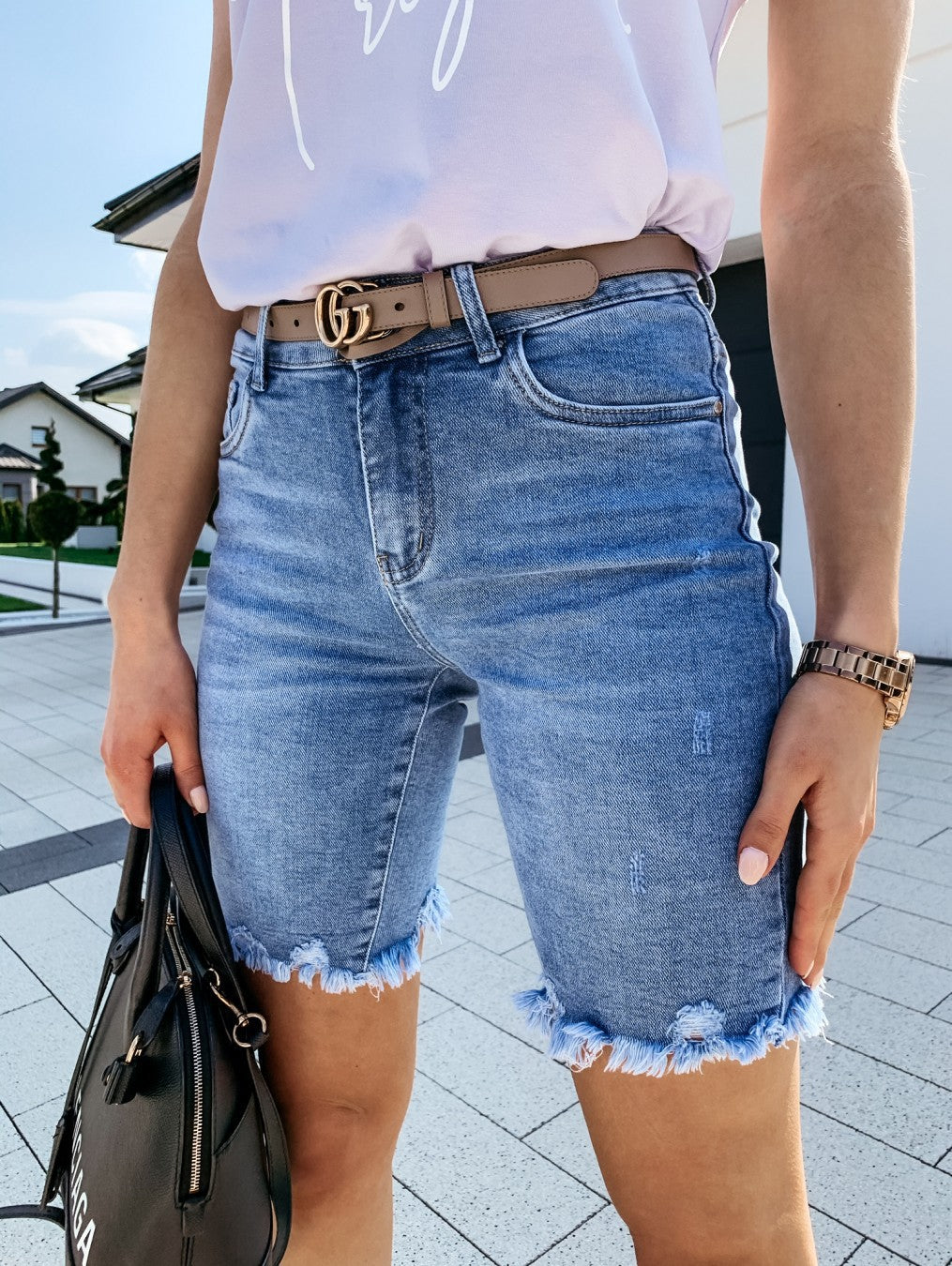 Summer Denim Ripped Cropped Pants Fashionable Frayed Hem Tasseled Jeans Women No Belt