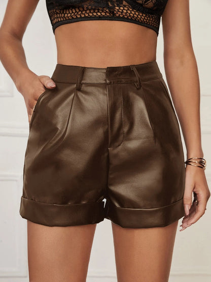 Short en Faux cuir pour femmes, vêtements d'extérieur, ourlet roulé haut, plissé, pantalon décontracté enveloppé dans les hanches, été