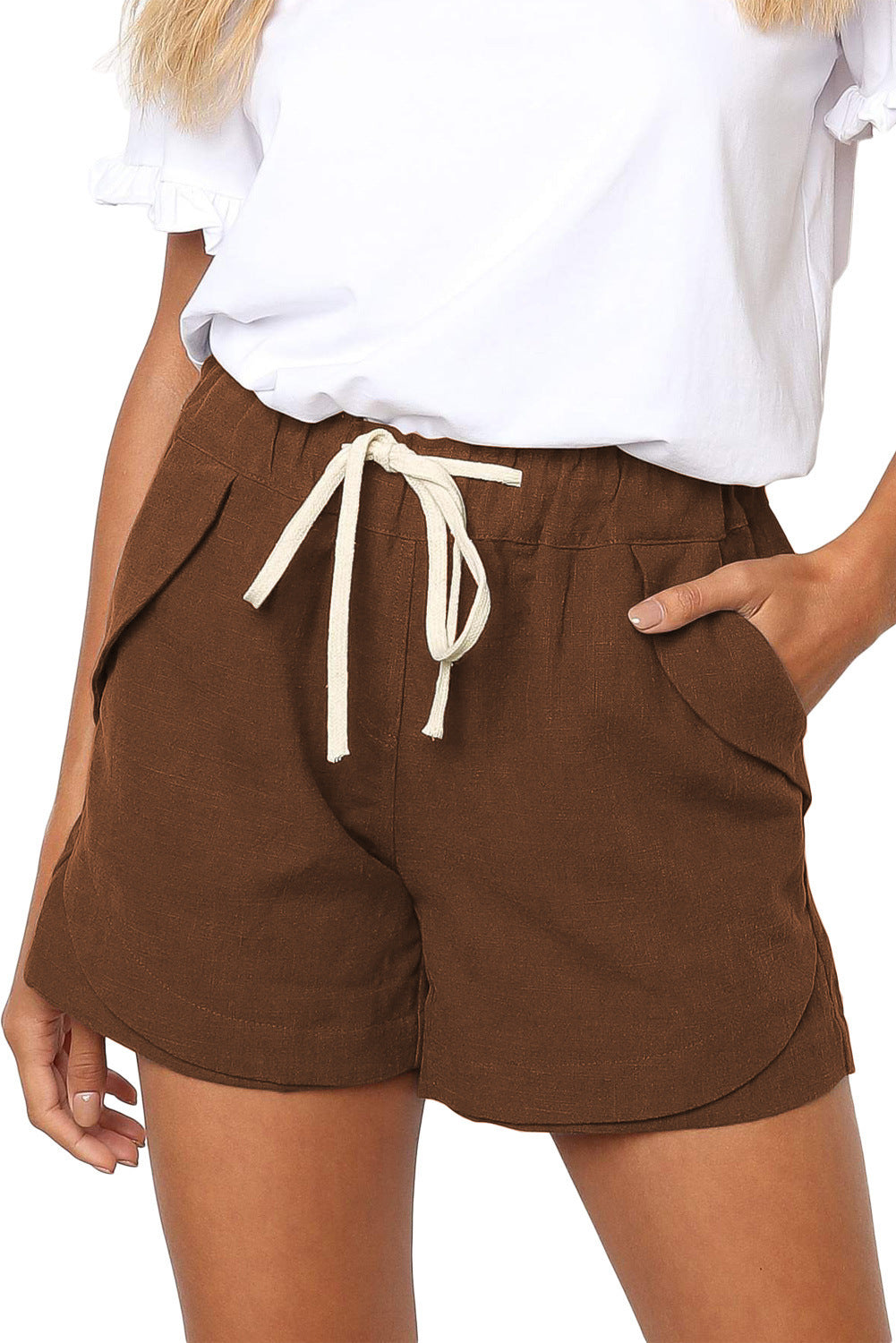 Women Clothing Short Summer Pleated Pocket A Line Stretch Lace Up High Waist Shorts