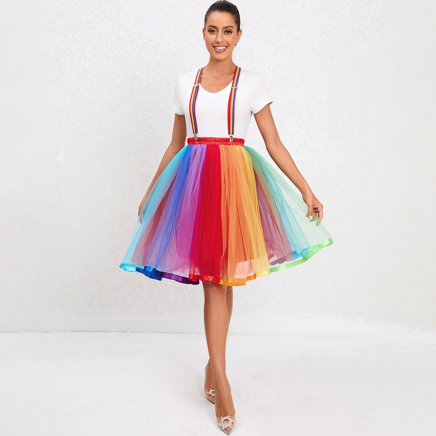 Falda de gasa arcoíris multicapa para adultos, superdosel navideño, falda con tirantes coloridos para adultos, vestido de princesa con tirantes de malla