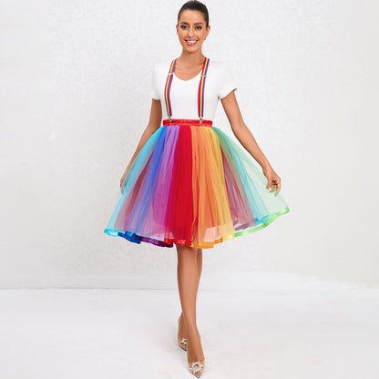 Falda de gasa arcoíris multicapa para adultos, superdosel navideño, falda con tirantes coloridos para adultos, vestido de princesa con tirantes de malla