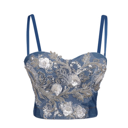 Soutien-gorge Corset désossage en Denim extensible, Camisole pour femmes, vêtements d'extérieur, pièce brodée