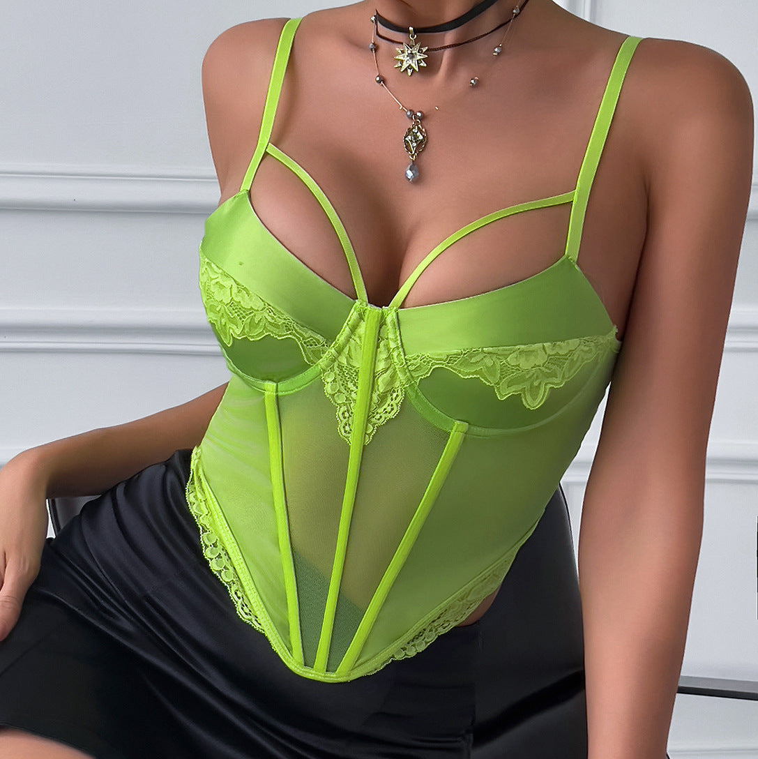 Camisole de soirée sexy en satin fluorescent en dentelle décolletée plongeante en V profond