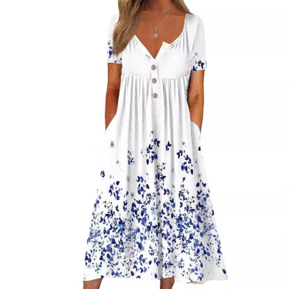 Summer Women's 3D Printed Long Short Sleeve Round Neck Dress