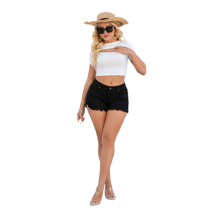 Summer Casual Washed-out Retro Worn Solid Color High Waist Fringe Denim Shorts