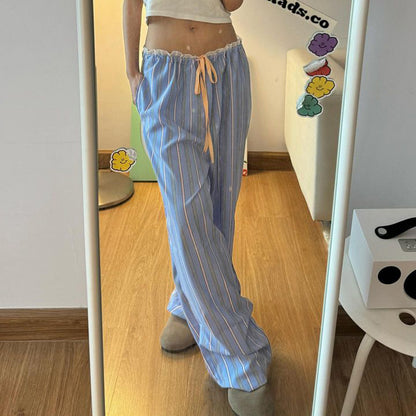 Summer Vacation Idle Colorful Striped Dopamine Casual Pants Women Lace Stitching Waist Straight Leg Trousers