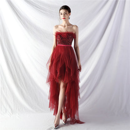 Hand Ordered Ostrich Feather Positioning Floral Sequin Mesh Front Short Back Long Wrapped Chest Evening Dress