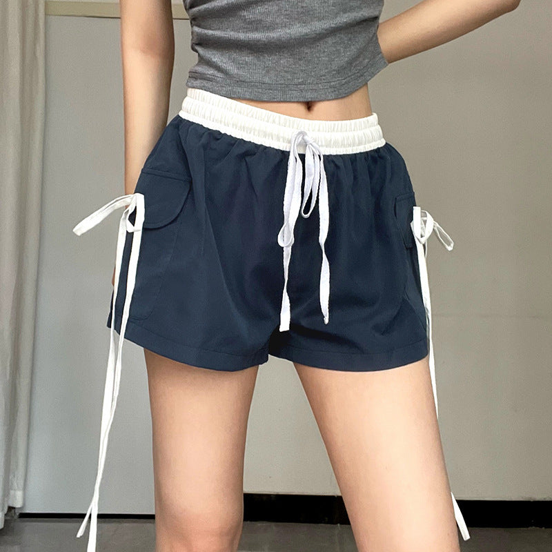 Street Contrast Color Elastic Waist Woven Overalls Lace up Basic Casual Sexy Shorts Summer