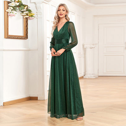 Women Elegant V Neck Shiny Chiffon Evening Dress A line Sheer Long Sleeve Wedding Party Dress Bridesmaid