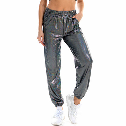 Pantalon décontracté brillant et respirant à taille élastique pour femme, style Hip Hop