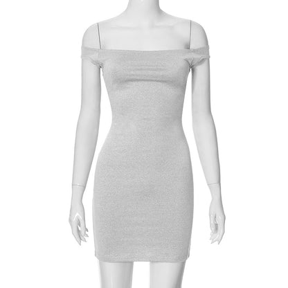 Vestido de mujer de cadera corta con cuello descubierto de color sólido de oficina simple de verano