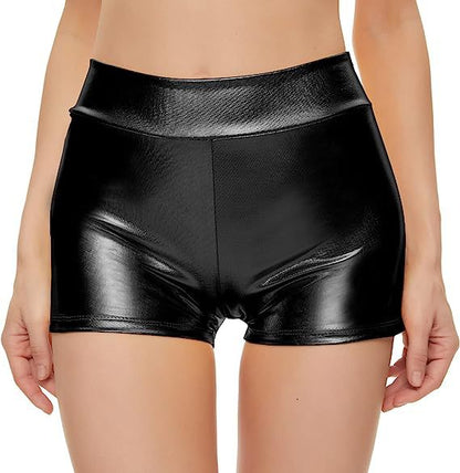 Tela recubierta metálica Pantalones cortos de cintura alta ajustados populares Ropa de rendimiento para discoteca Pantalones de cuero base Bronceadores Ropa de mujer sexy Pantalones cortos