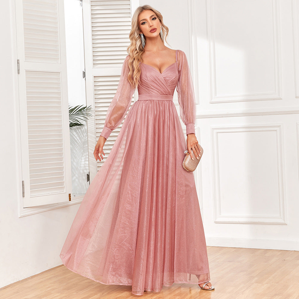 Elegant Long Sleeve Backless Pleated Evening Dress Shiny Tulle A Line Full Lining Pink Wedding Maxi Dress