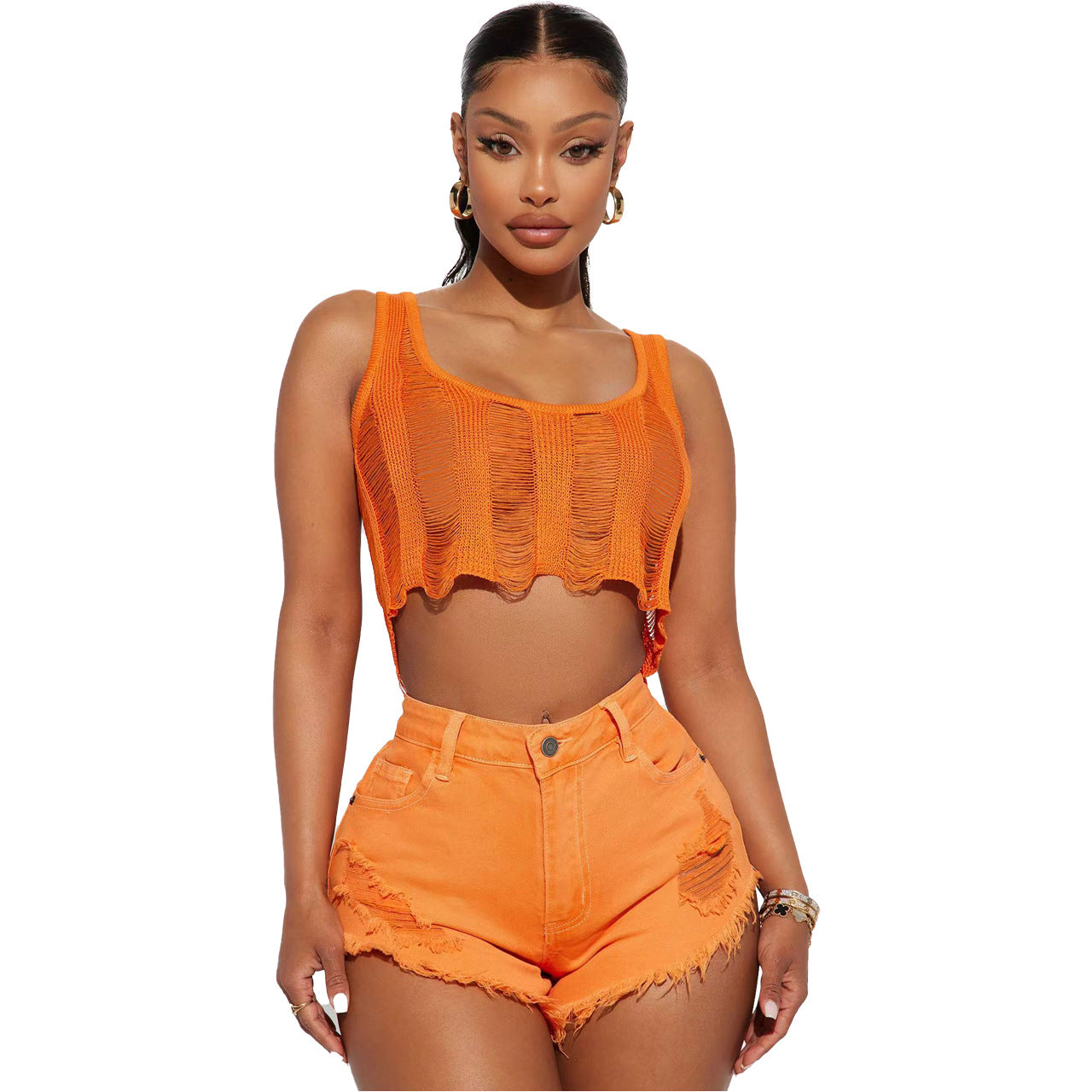 Women Clothing Casual Ripped Burr Denim Shorts