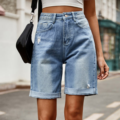 Women Clothing Trade Ripped Curling Five Point Denim Shorts Casual Pants