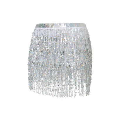 Women Clothing Multi Layer Sequined Tassel Belly Dance Skirt Sexy Shiny Party Skirt Sexy Sets