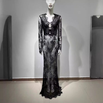 V neck Black Slim Fit Evening Dress Sexy See through Lace Dress Women Dress