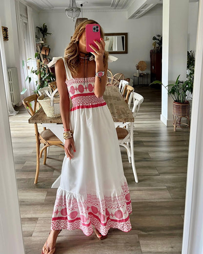 Vestido largo bohemio elástico dulce con estampado de encaje de verano