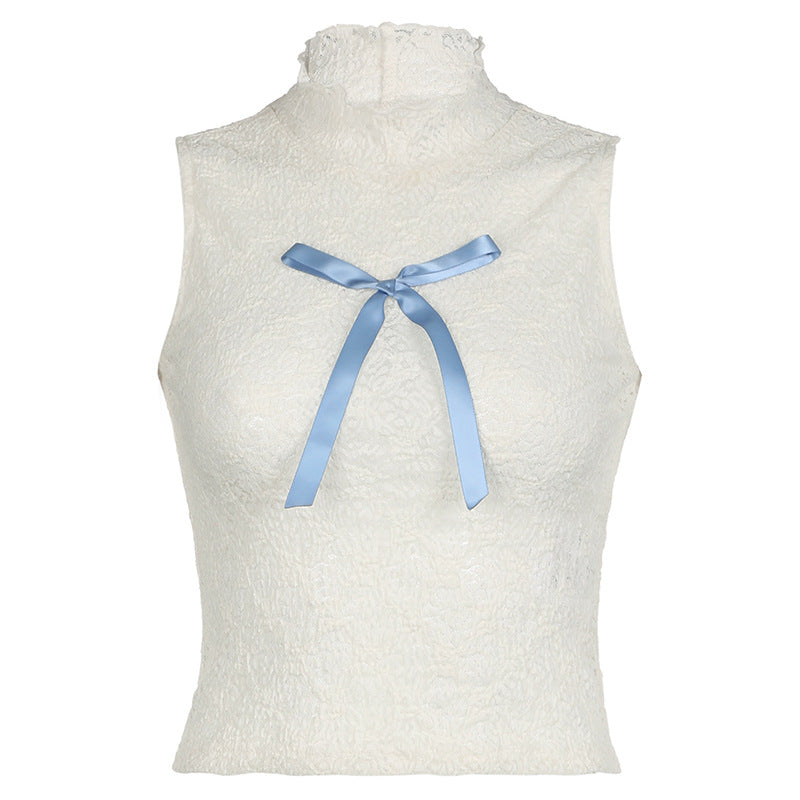 Gilet à col roulé et à volants pour fille, motif cassé, couture avec nœud, doux, Slim, caractéristique en dentelle, haut Anti-âge