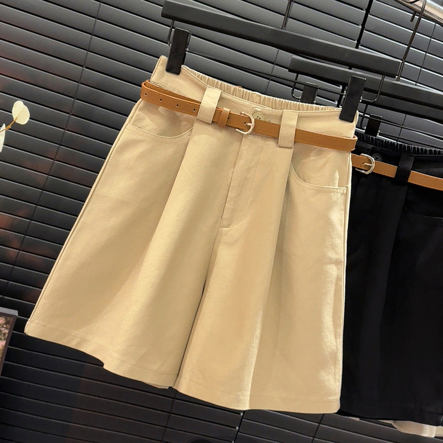 Khaki Workwear Shorts Women Summer Thin Loose Slimming A Line Wide Leg Middle Pants High Waist Cotton Linen Pants