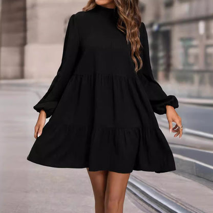 Women Clothing Spring Autumn Solid Color Loose Round Neck Long Sleeved Dress