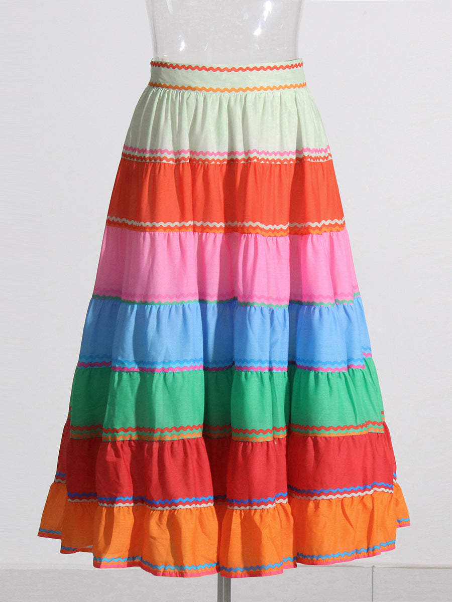 Vacation Rainbow Striped Skirt Autumn High Waist Stitching Colorful Loose Slimming Midi Skirt for Women