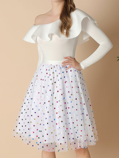 Mesh Skirt Autumn Colorful Polka Dot Printed A Line Skirt Mid Length Elastic Waist Fairy Three Layer Umbrella Skirt