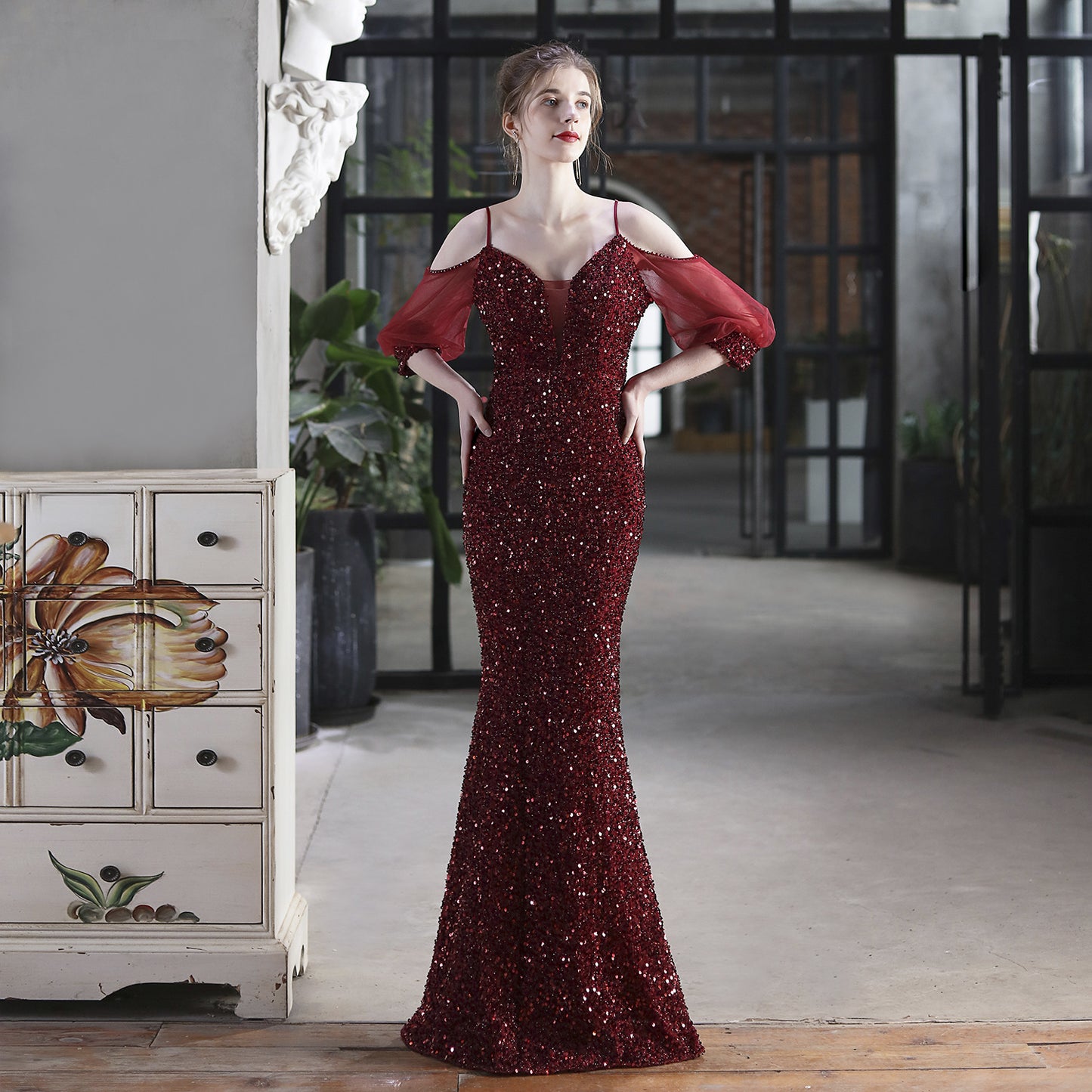 Robe de Toast à paillettes colorées, longue robe de dîner d'appréciation, coupe cintrée, queue de poisson, robe d'exposition de modèles de voiture de mariage