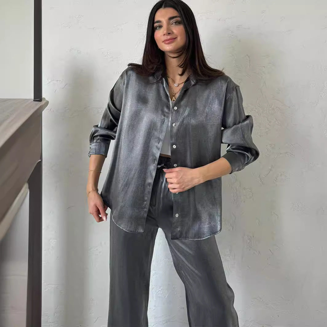 Casual Set Shiny Silk Large Profile Shirt High Waist Wide Leg Length