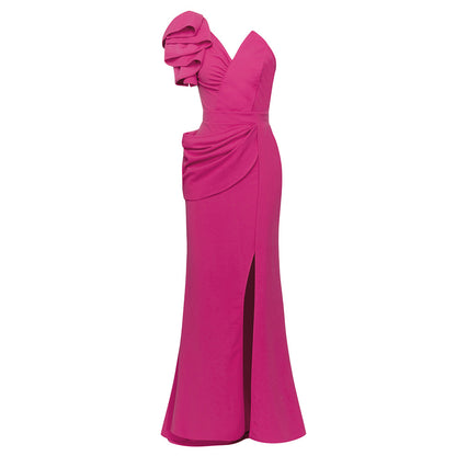 Robe Sexy col diagonale couleur unie fronde plissée fente haute irrégulière robe asymétrique femmes