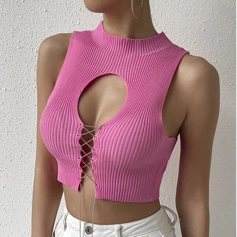 Top Sexy ajouré avec sangle découpée, couleur unie, court, Slim, tricoté, gilet pour femmes