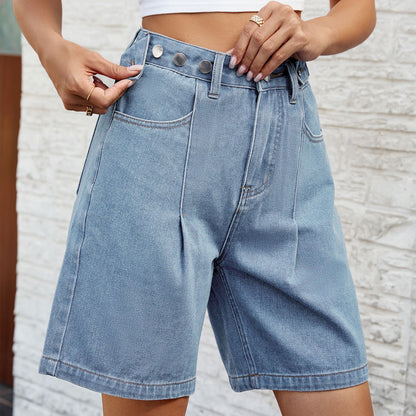 Short en jean délavé à taille réglable pour printemps et été