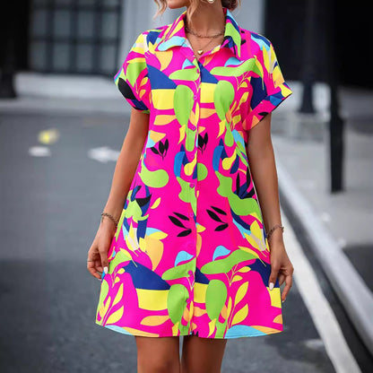 Women Clothing Summer Colorful Floral Printing Cardigan Short Sleeve Shirt Dress