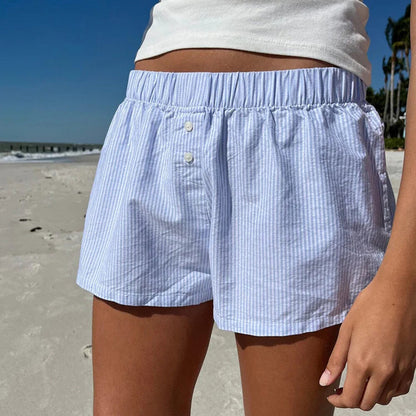 Short de plage à rayures bleues simples pour femmes, pantalon ample, taille élastique, sport, maison, décontracté